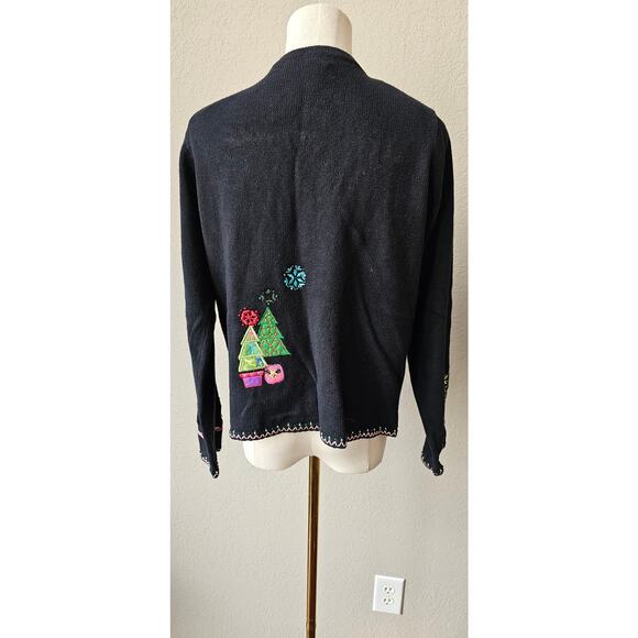 Vintage Christmas‎ Trees Cardigan Sweater 3D Jeweled Embroidered Applique Small - Picture 9 of 12